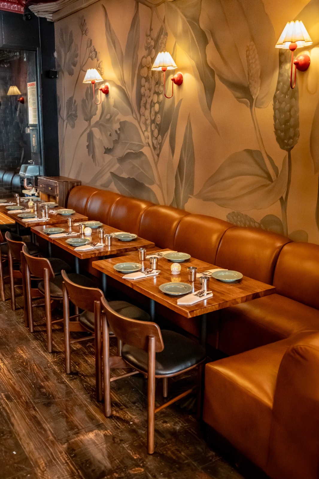 Hand-painted spice mural with leather banquette